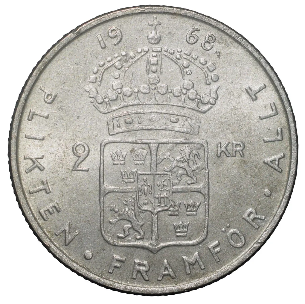 Copper-Nickel 2 Kroner of Gustaf VI Adolf (AD 1968) of Sweden Country Large Size