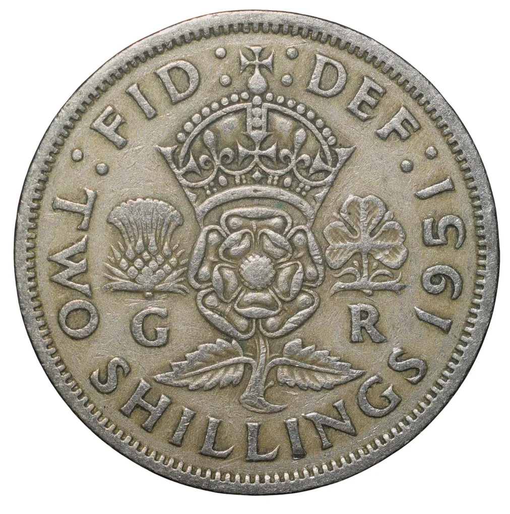 Copper-Nickel 2 Shillings of George VI (AD 1951) of Great Brittain Scarce