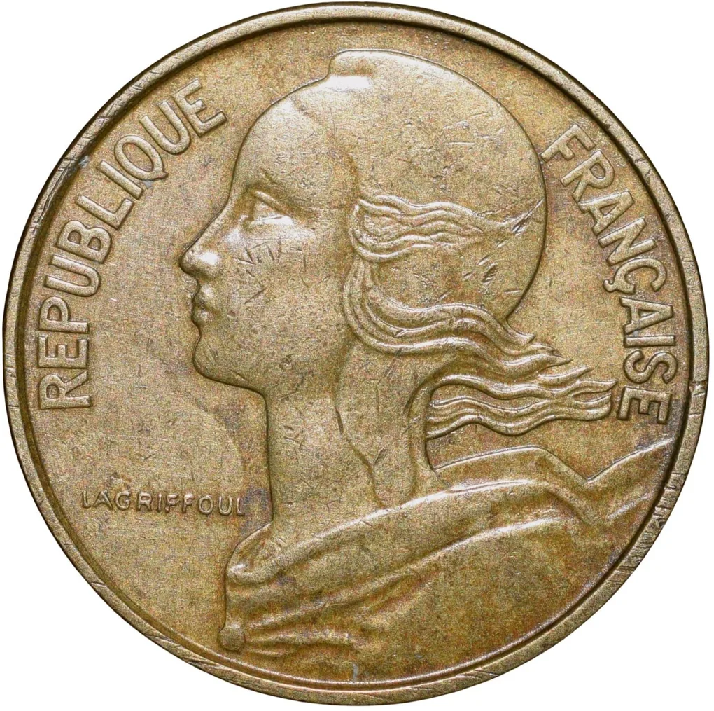 Brass 10 Centimes of France ( AD 1967) with Marianne face left