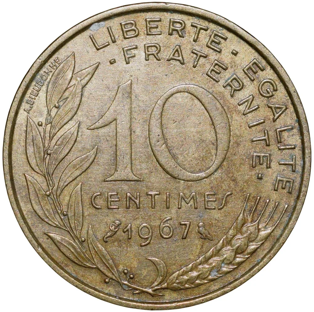 Brass 10 Centimes of France ( AD 1967) with Marianne face left
