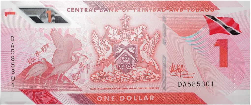 Polymer/Plastic 1 Dollar of Trinidad & Tobago Country (AD 2020) with Eric Williams Finance Building in Port of Spain where Central bank of T&T is located