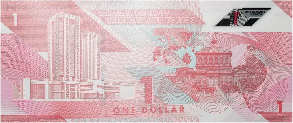 Polymer/Plastic 1 Dollar of Trinidad & Tobago Country (AD 2020) with Eric Williams Finance Building in Port of Spain where Central bank of T&T is located