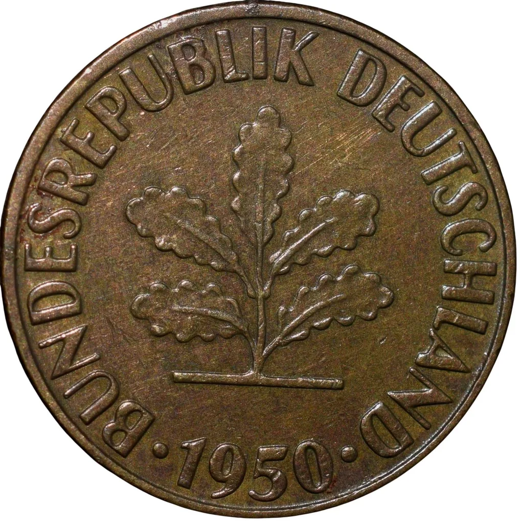 Old Brass 5 Pfennig of Germany (AD 1950) with Oak Sapling