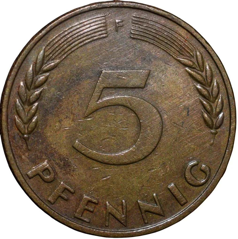 Old Brass 5 Pfennig of Germany (AD 1950) with Oak Sapling