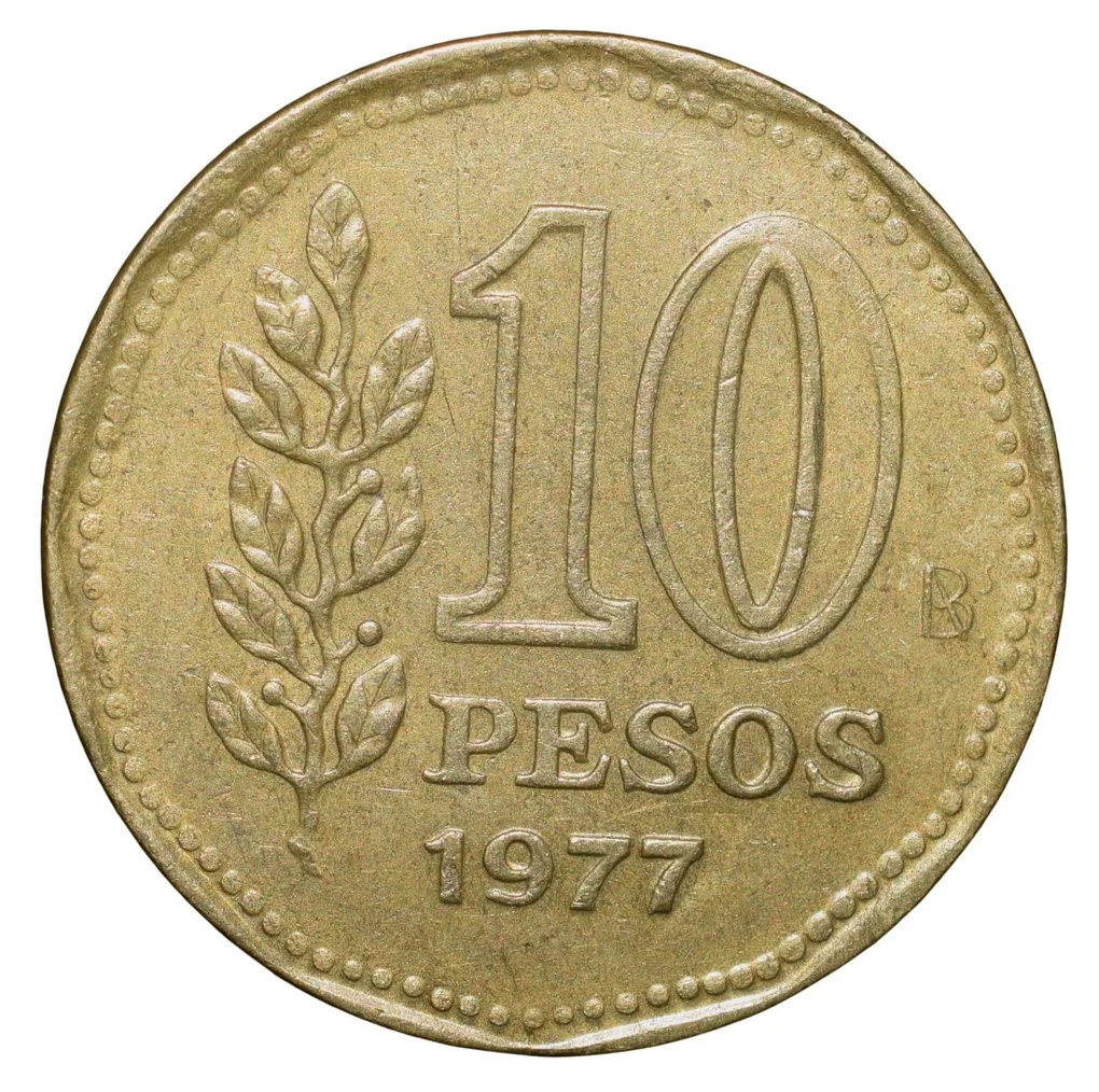 Brass 10 Pesos of Argentina (AD 1977) with 'Sol de Mayo' (Spanish: 'Sun of May')