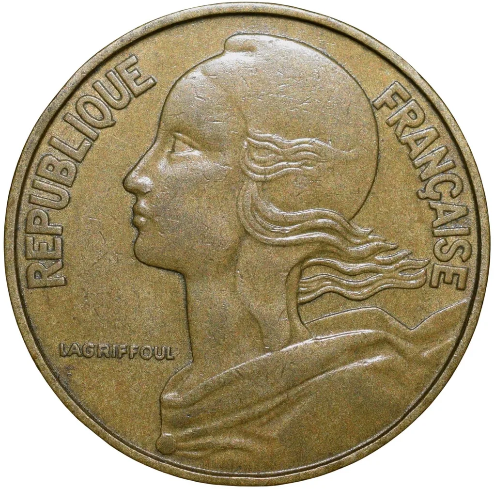 Brass 20 Centimes of France ( AD 1970) with Marianne face left