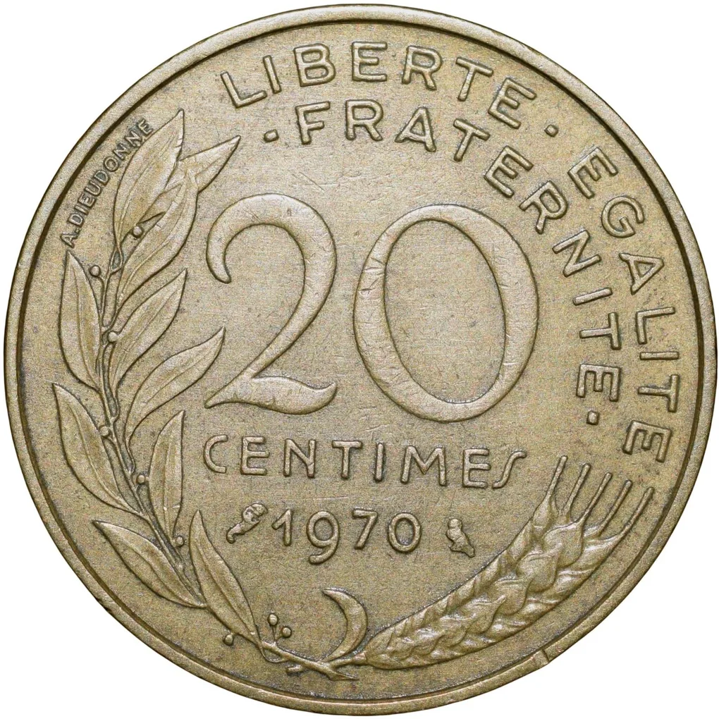 Brass 20 Centimes of France ( AD 1970) with Marianne face left