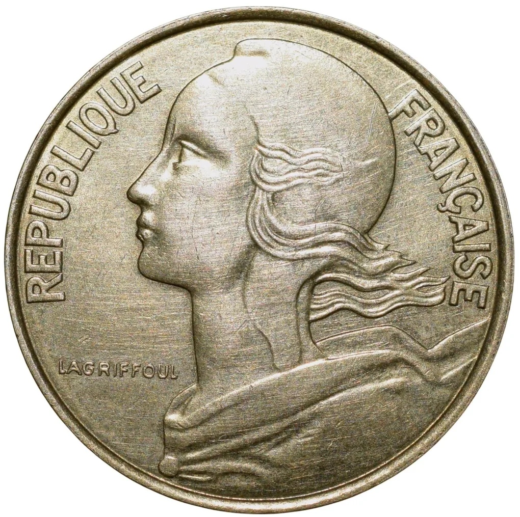 Brass 10 Centimes of France ( AD 1997) with Marianne face left