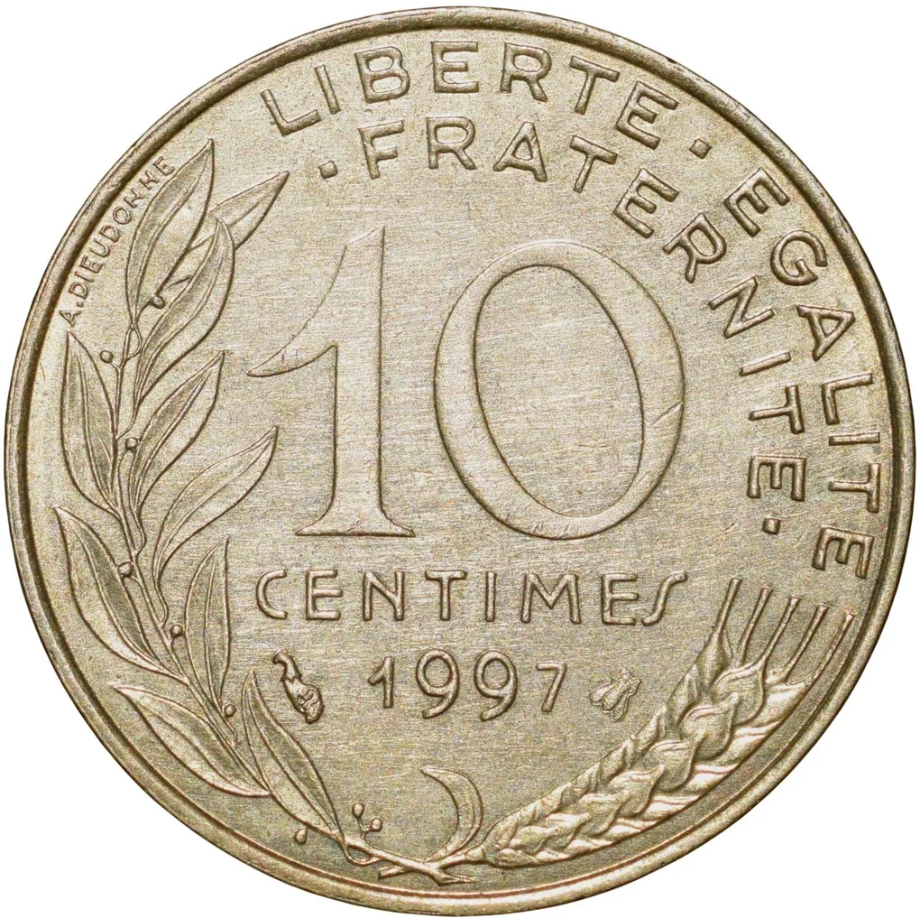 Brass 10 Centimes of France ( AD 1997) with Marianne face left