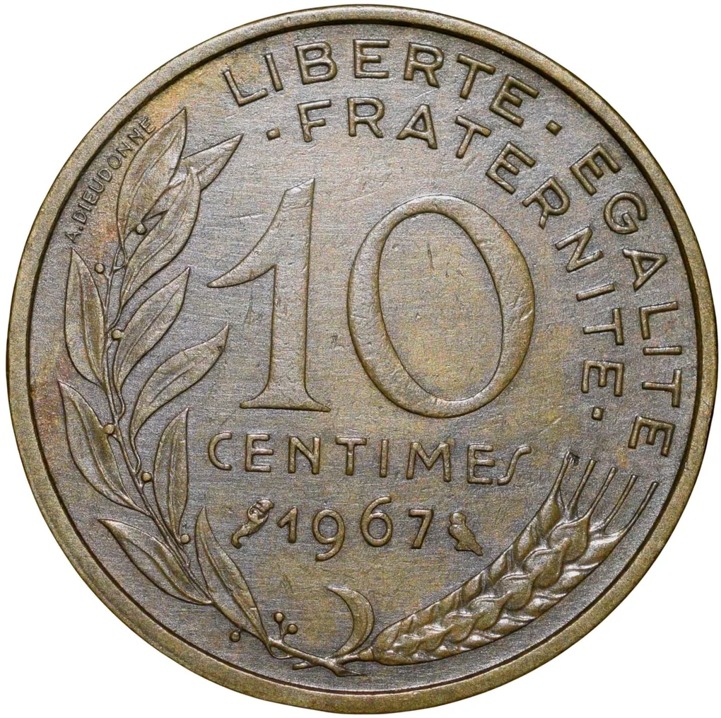 Brass 10 Centimes of France ( AD 1967) with Marianne face left
