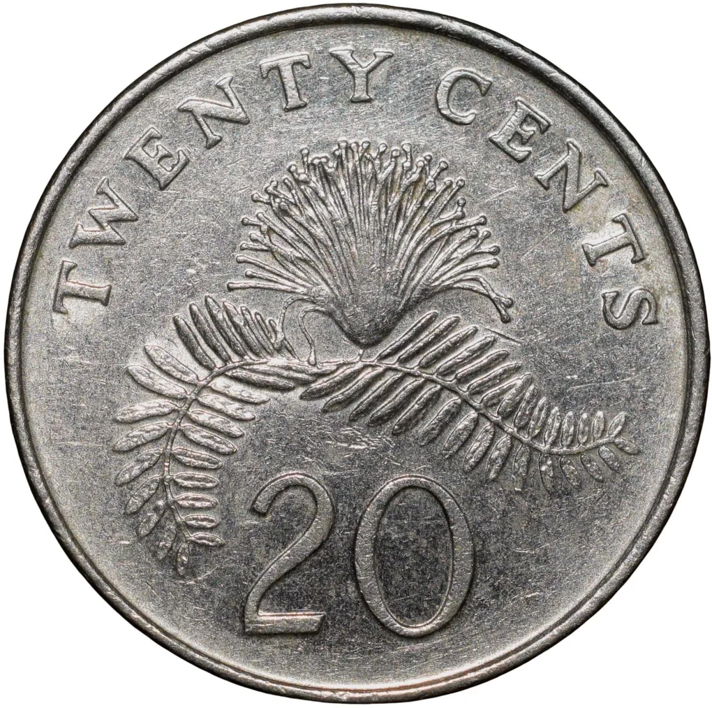 Copper-Nickel 20 Cents of Singapore (AD 1998) with Powder-puff plant fronds Flower