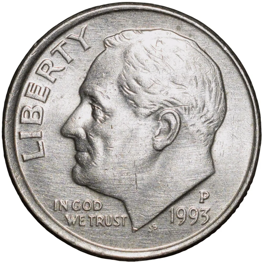 Copper-Nickel 1 Dime of USA (AD 1993) with Portrait of Franklin D. Roosevelt
