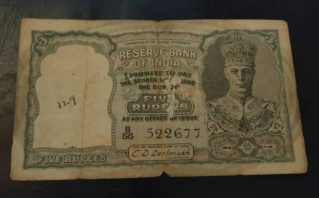 🇬🇧British 🇮🇳India Rare Note 5₹ Signature C. D. Deshmukh. Front face rare fine condition Condition as image