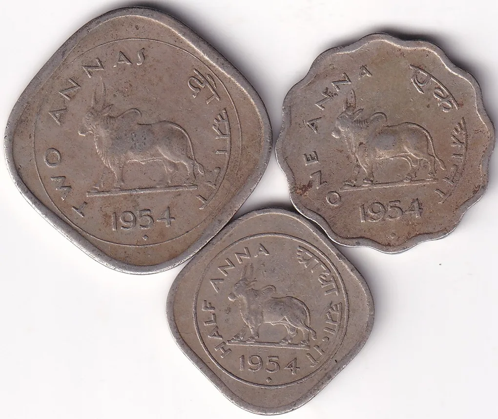 Republic India 1954 Nickel 2 Annas 1 Anna 1/2 Anna Three Coins Set Rare #1