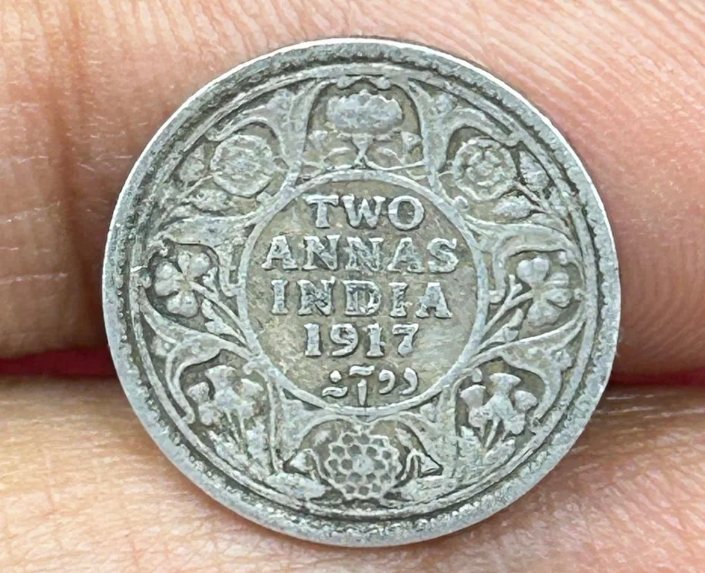 British-India Two Annas 1917 (George V) Rare Silver Coin#K-197