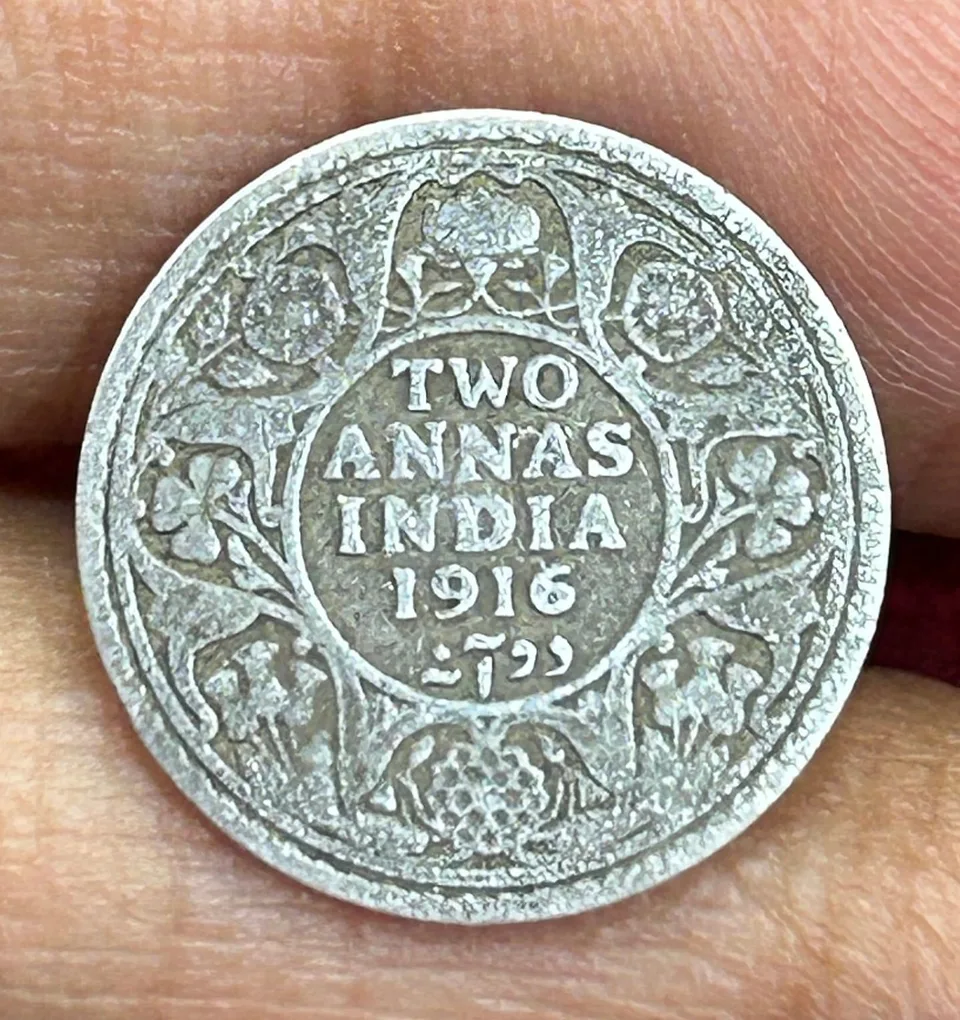 British-India Two Annas 1916 (George V) Rare Silver Coin#K-214