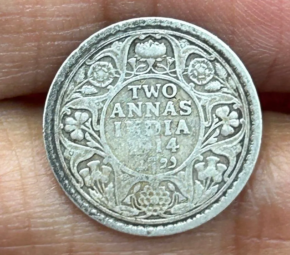 British-India Two Annas 1914 (George V) Rare Silver Coin#K-217
