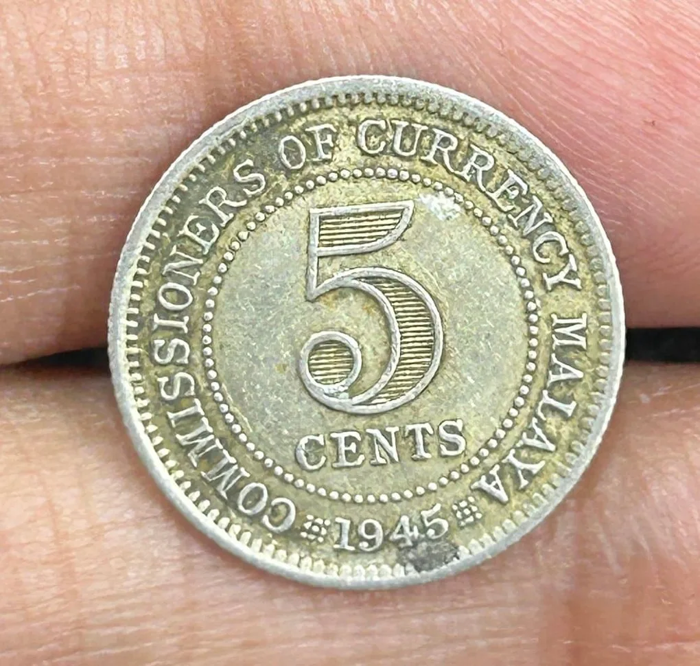 British Malaysia › Malaya 5 Cents 1945 - George VI Rare Silver Coin #S-64