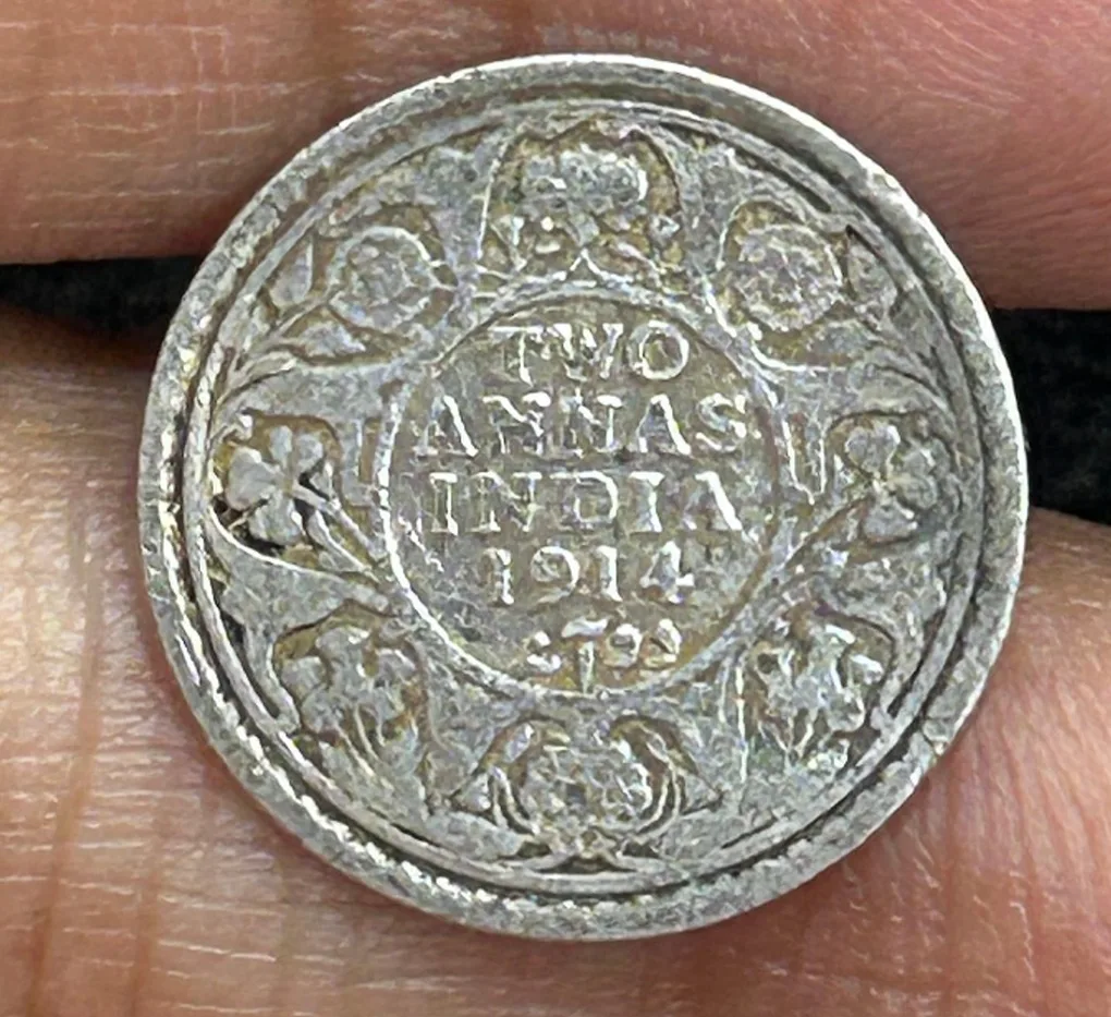 British India 2 Anna 1914 George V Rare Silver Coin#S-101