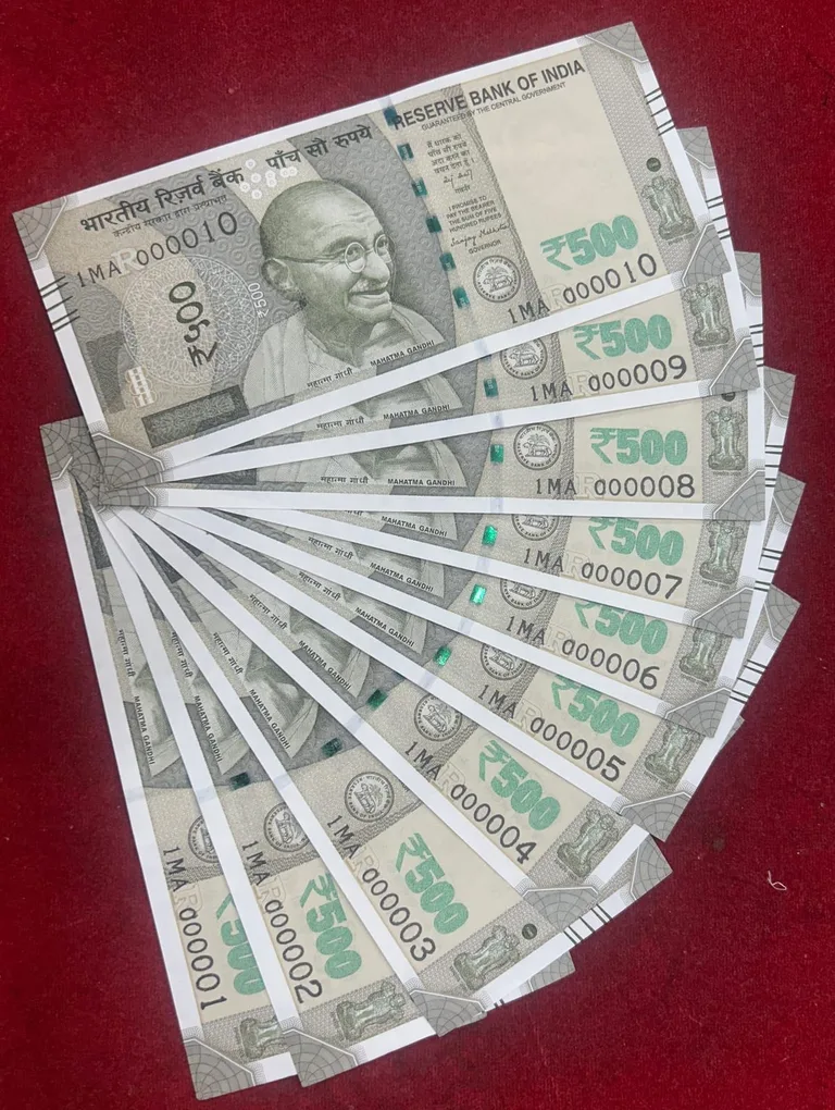 000001-000010 Fancy Number GEM UNC 500 Rupees Rare (10 Note Set)
