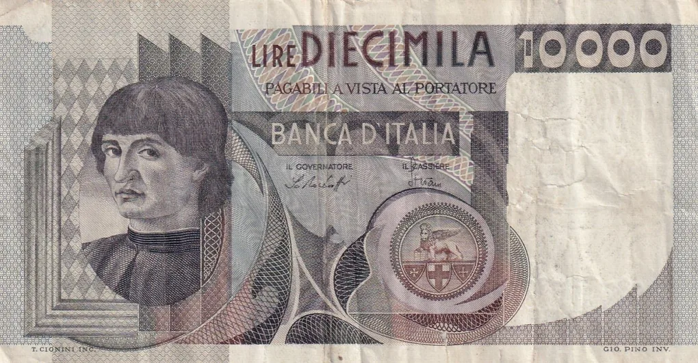 Italy 10 000 Lire del Castagno Rare Note (Low Condition Damage Note) #B2