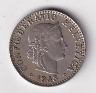Switzerland 20 Rappen (Libertas) 1943 Rare Coin #K-182