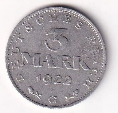 Germany 3 Mark (Weimar Constitution) 1922 Rare Coin#N-463