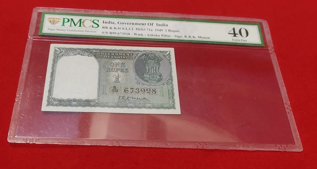 One Rupee K. R. K. Menon Year 1949 First Issue PMCS Graded 40