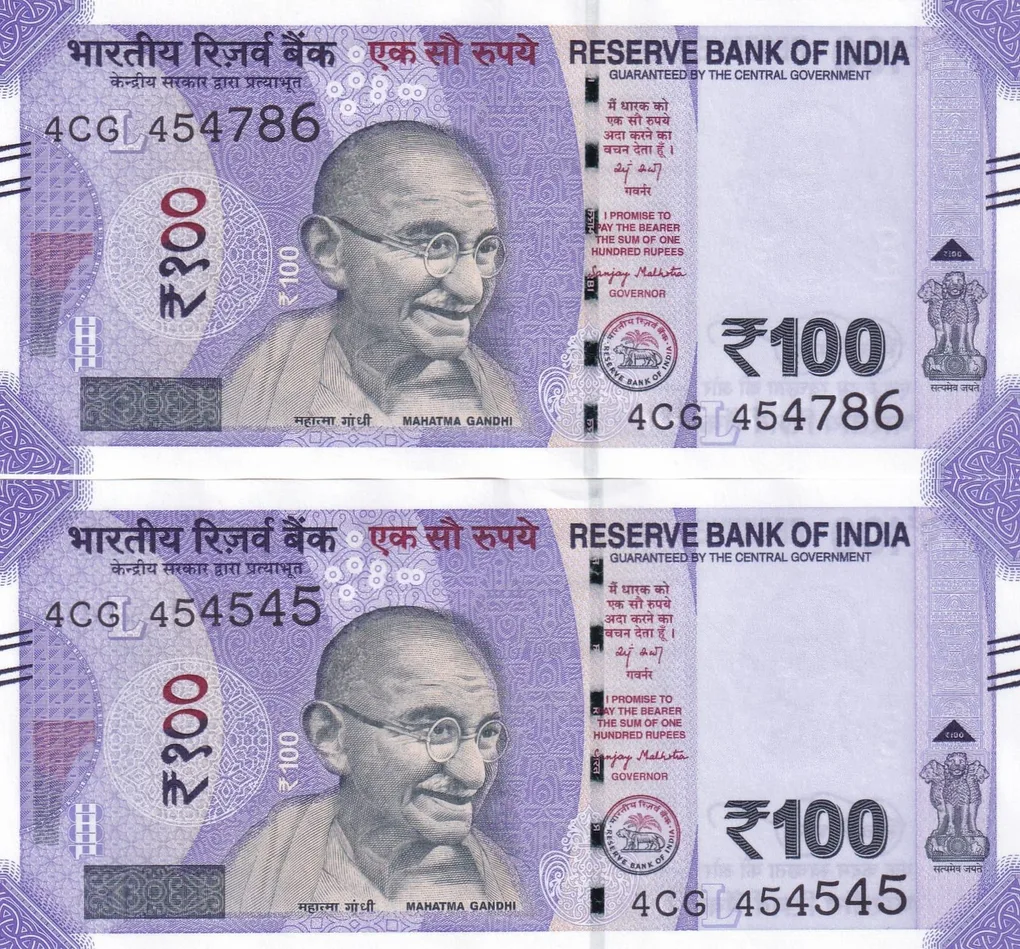 454545 + 454786 Rare 100 Rupees Governor Sanjay Malhotra Rare UNC (2 Note Set)