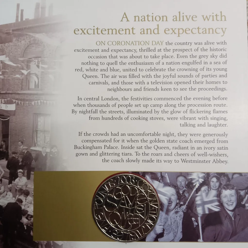 Rare 2003 Year UK Proof Coin Set Five Pounds Coin commemorating the 50th anniversary of Queen Elizabeth II's coronation Issue Royal Mint UK