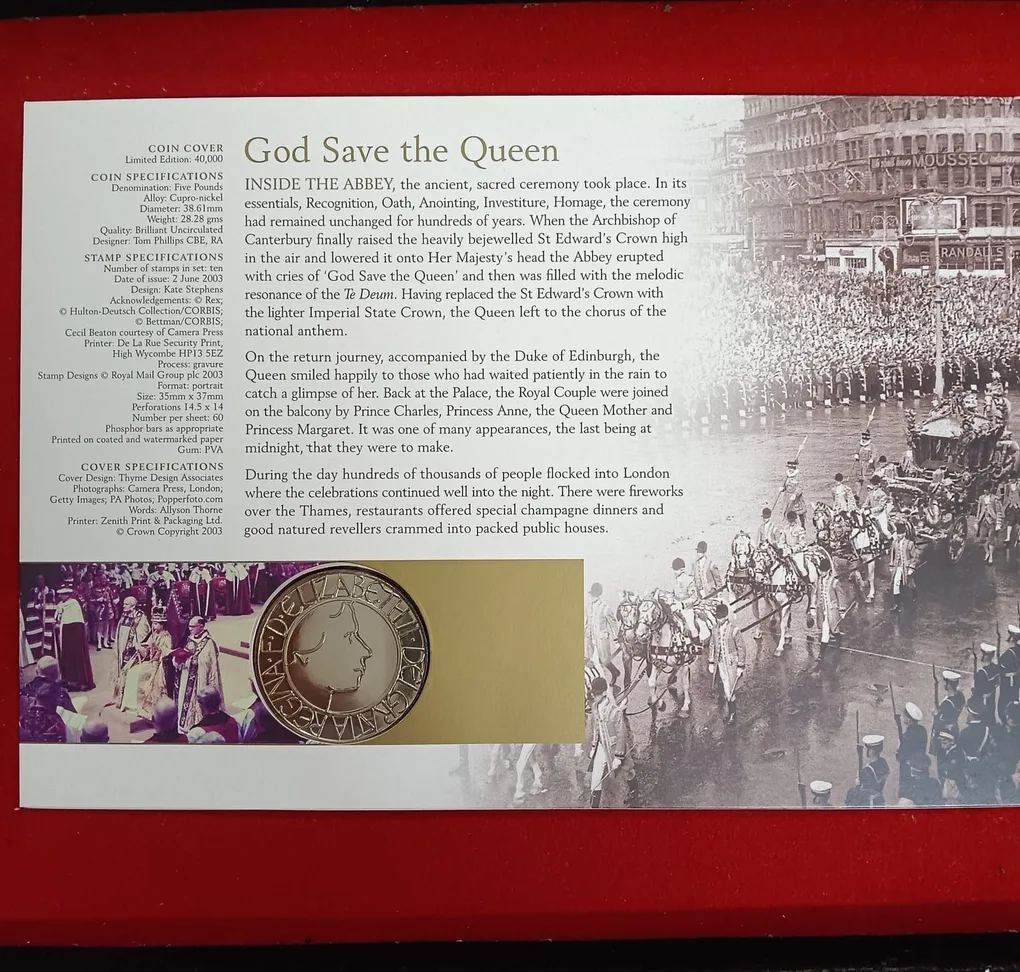 Rare 2003 Year UK Proof Coin Set Five Pounds Coin commemorating the 50th anniversary of Queen Elizabeth II's coronation Issue Royal Mint UK