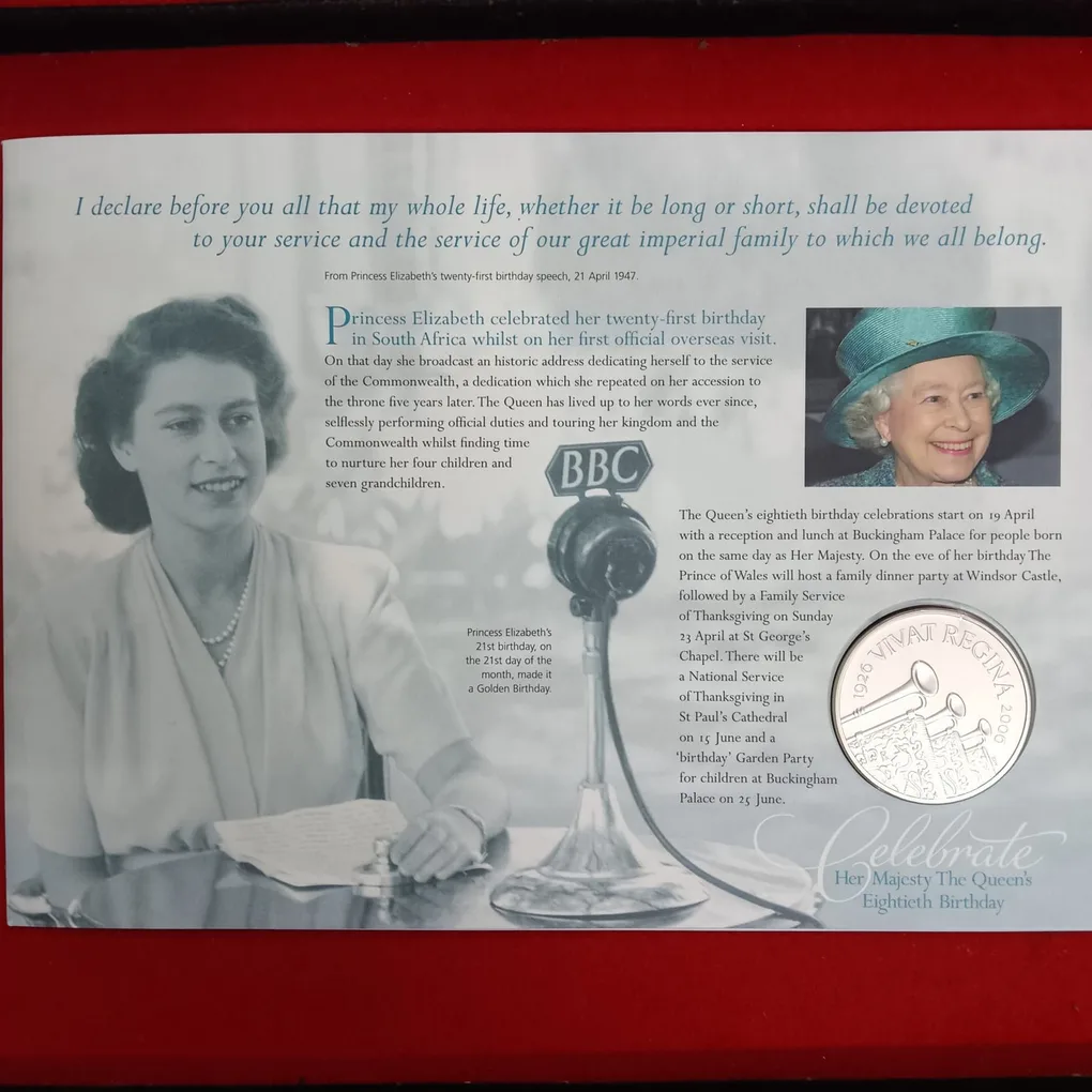 Rare 80th birthday of Queen Elizabeth II in 2006 Year £5 Pounds Proof Coin Set Issued Royal Mint