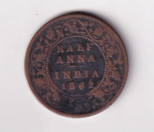 India - British ½ Anna 1862 - Victoria Rare Coin #C-106