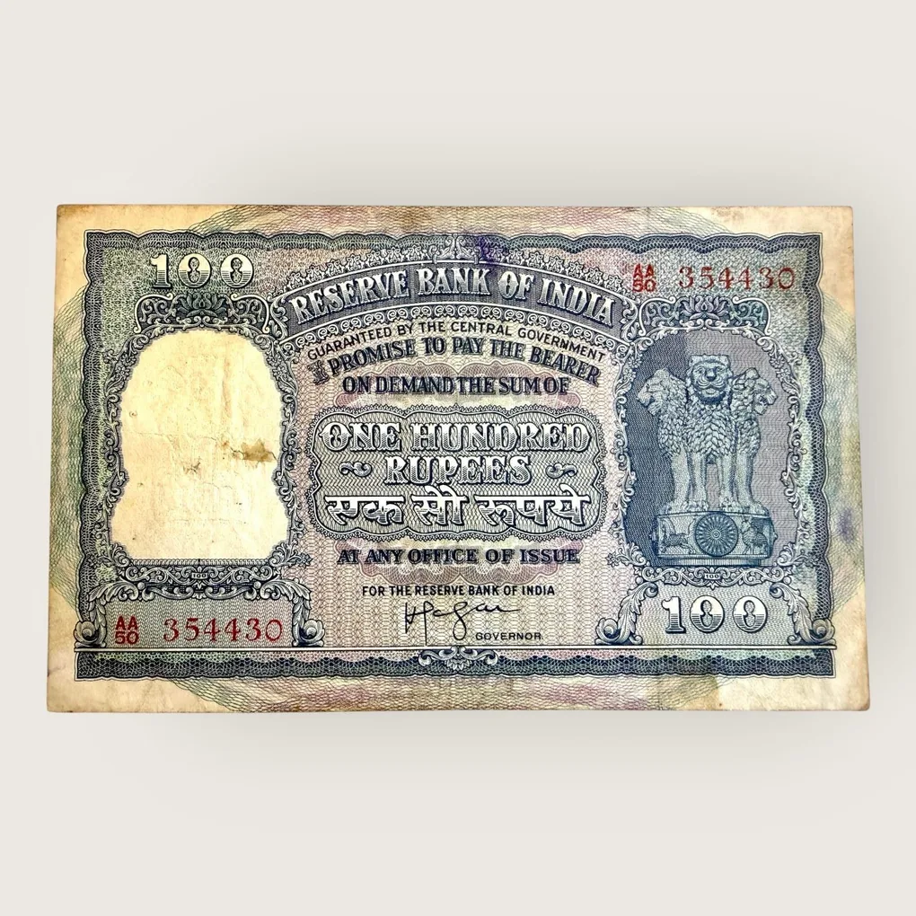 Rs 100 Republic India Banknote 1950s Elephant Issue Signed H V Iyengar Red Serial Rupiye Issue