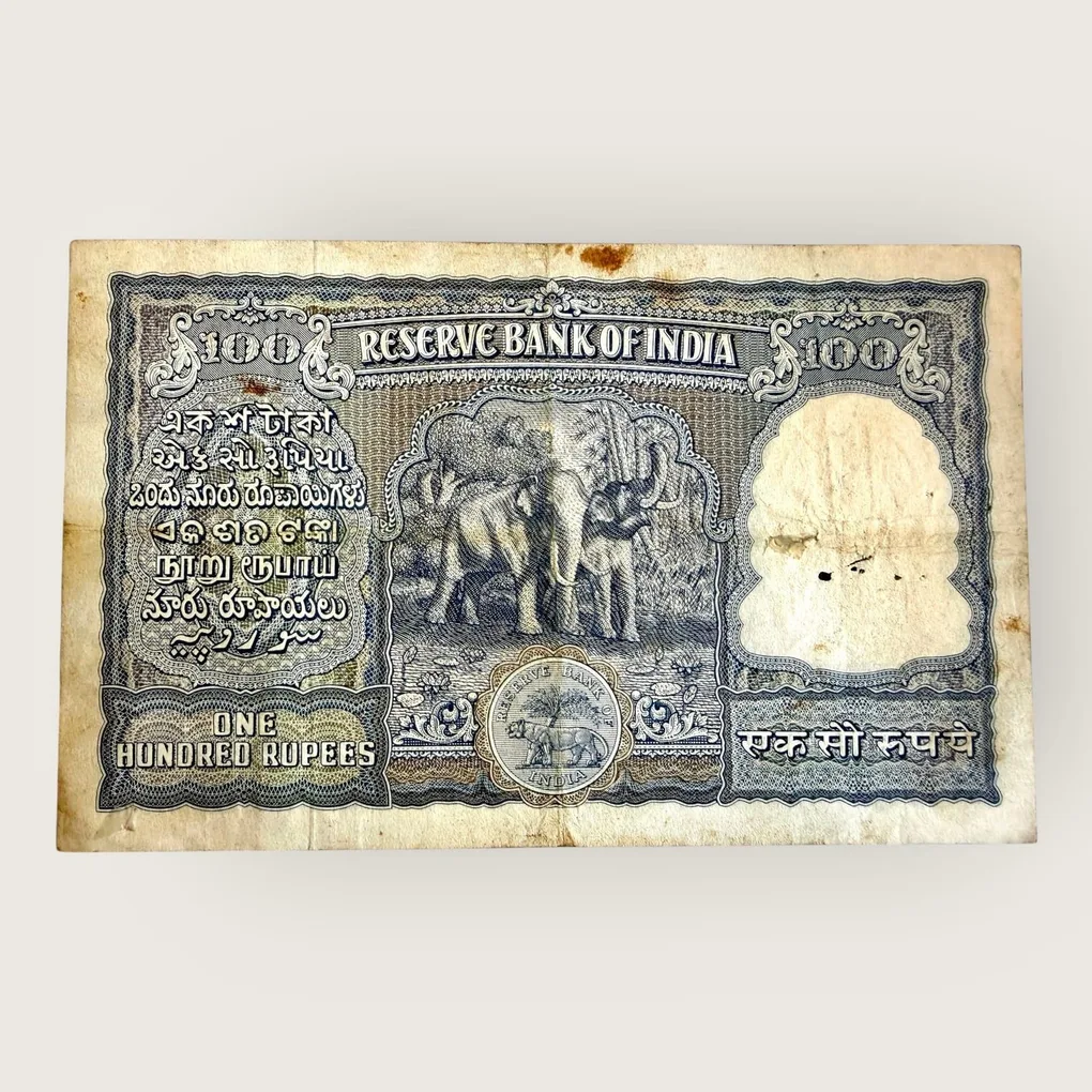 Rs 100 Republic India Banknote 1950s Elephant Issue Signed H V Iyengar Red Serial Rupiye Issue