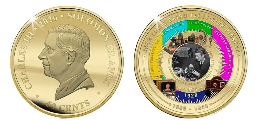 Solomon Islands 50 Cents 2026 - Charles III John Logie Baird Brilliant Uncirculated Gold -plated Rare Coin