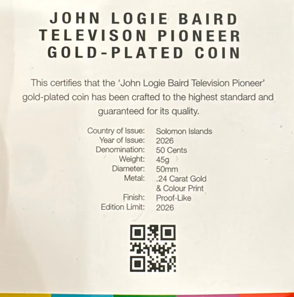 Solomon Islands 50 Cents 2026 - Charles III John Logie Baird Brilliant Uncirculated Gold -plated Rare Coin