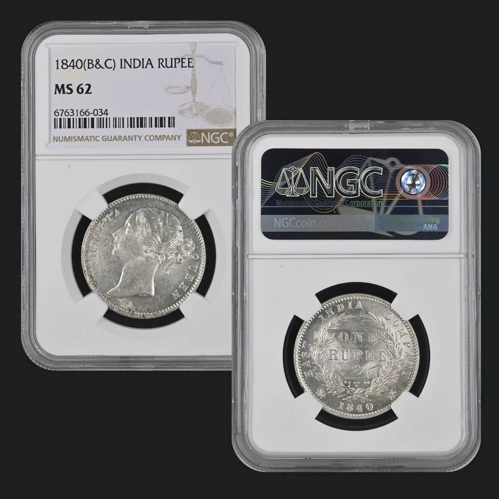 INDIA RUPEE VICTORIA QUEEN 1840 NGC GRADED UNC GRADE MS 62
