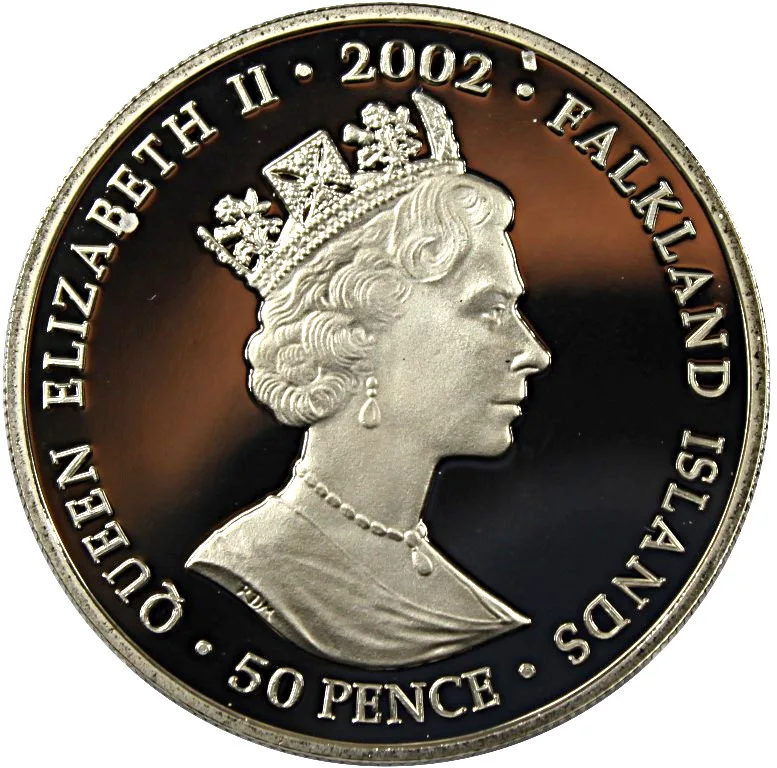 United Kingdom (Falkland Islands) 50 pence -(Elizabeth II Queen talking in microphone) 2002 Rare Unc Commemorative Coloured Coin#J-12