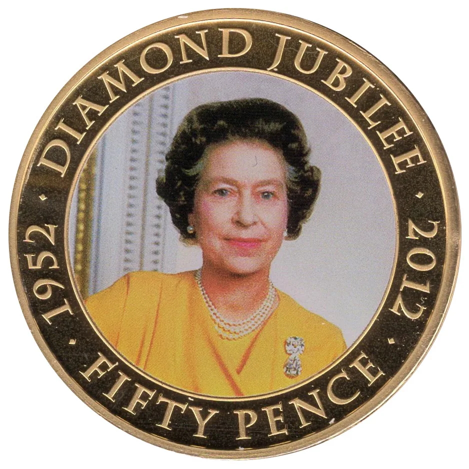 Guernsey 50 Pence -(Elizabeth II Diamond Jubilee) 2012 Rare Unc Commemorative Coloured Coin #J-20