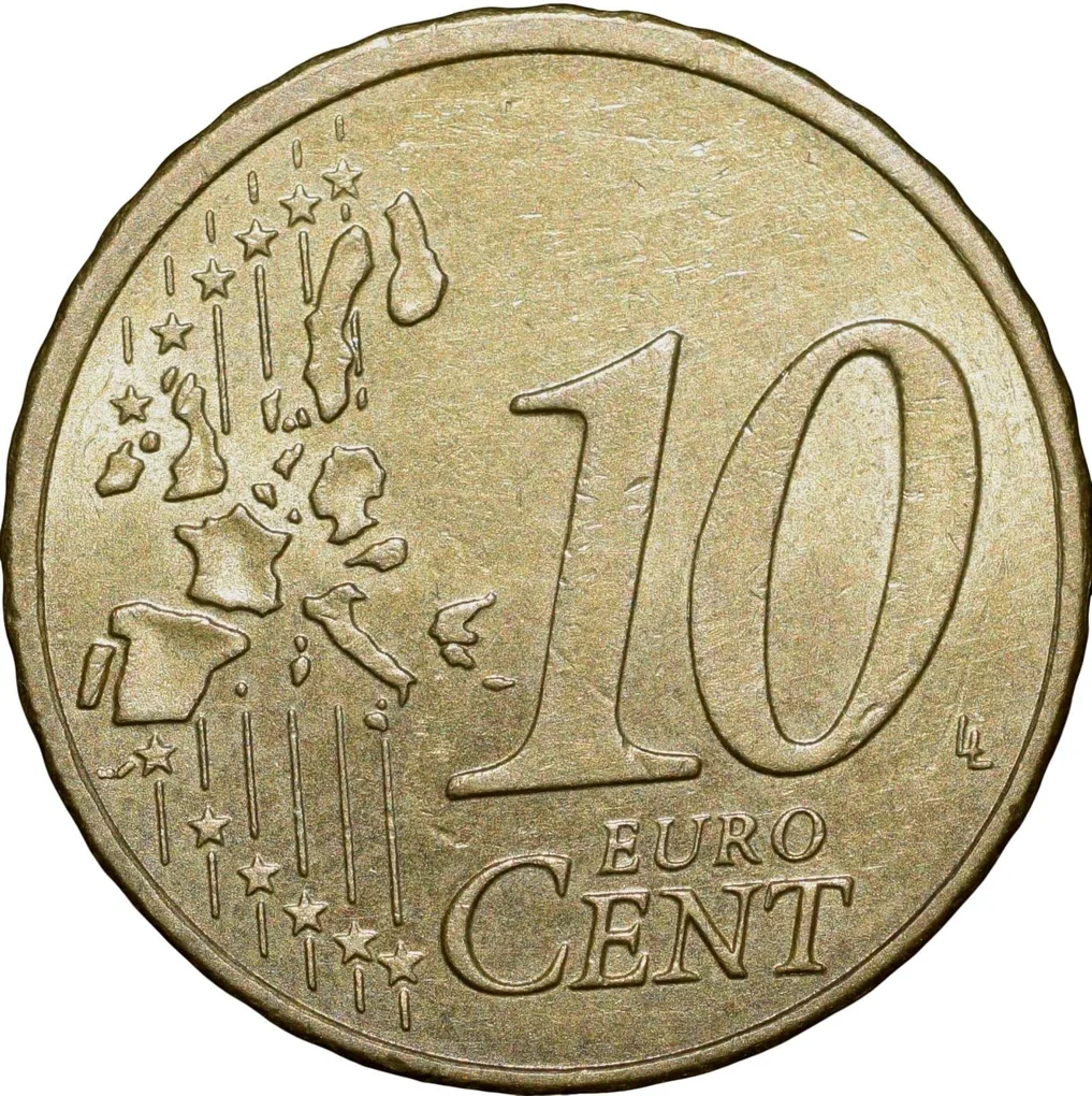 Brass 10 Euro Cents of Germany (AD 2002) with 'The Brandenburg Gate'