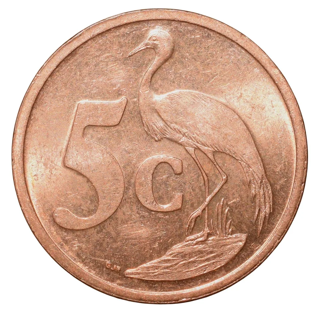 Bronze 5 Cents of South Africa (AD 2004) with Standing blue crane About UNC Grade