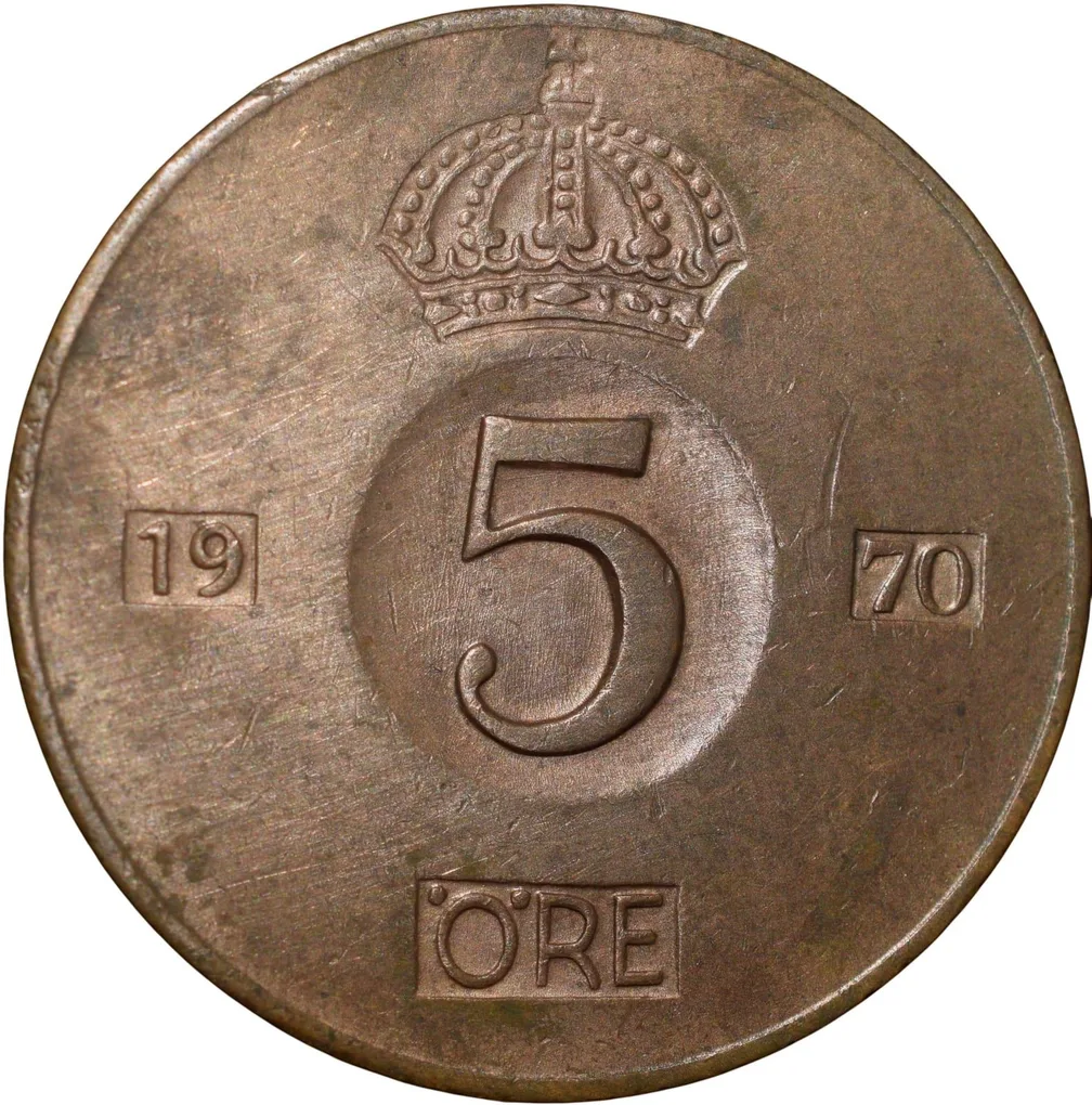 Bronze 5 Ore of Gustaf VI (AD 1970) of Sweden
