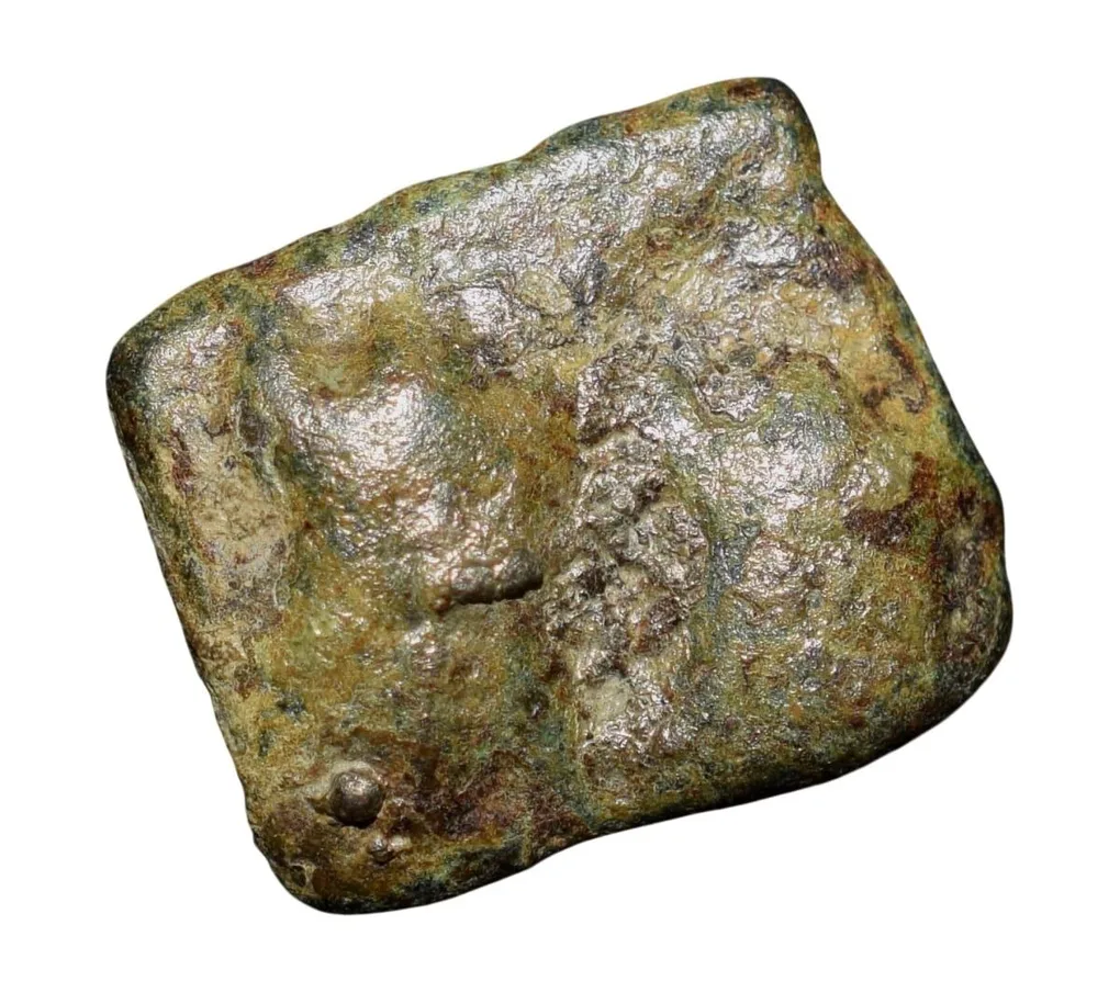 Copper Coin of Bharuch(200 BC) with Pair of Mugamukge/6-Armed above Railing