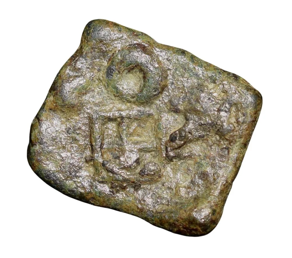 Copper Coin of Bharuch(200 BC) with Pair of Mugamukge/6-Armed above Railing