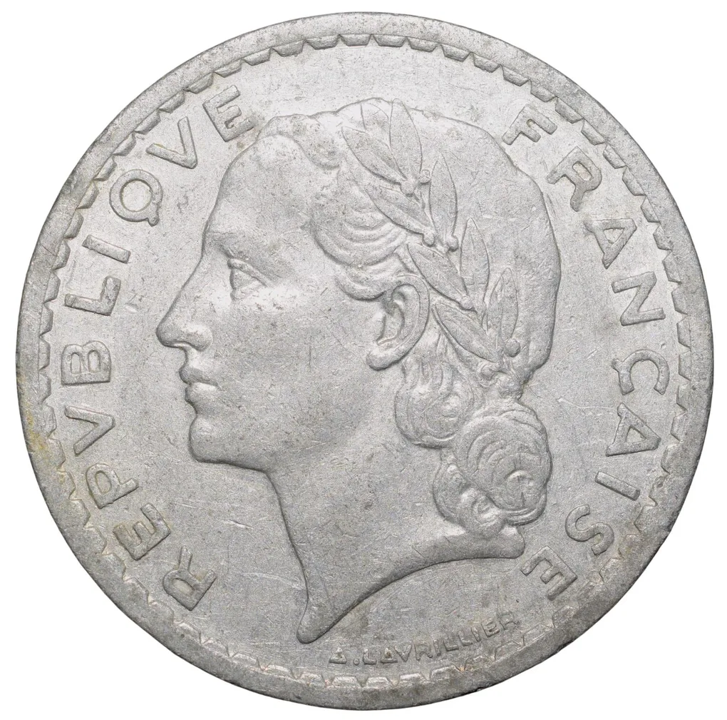 Aluminium 5 Francs of France (AD 1949) with Head of Laureate