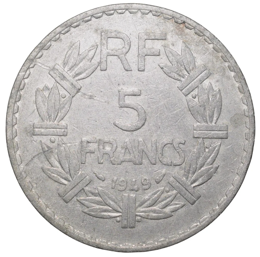 Aluminium 5 Francs of France (AD 1949) with Head of Laureate