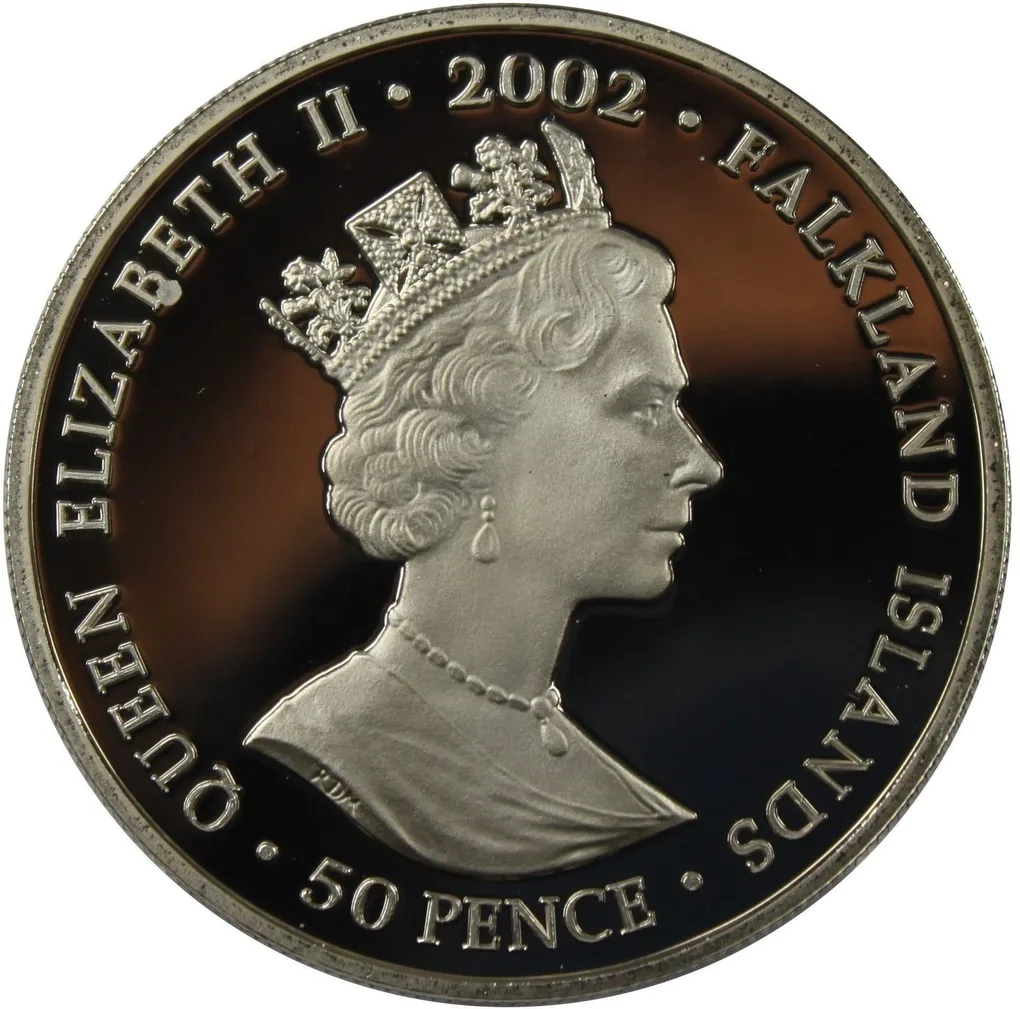United Kingdom (British Overseas Territories › Falkland Islands) 50 Pence - Elizabeth II Throne 2002 Rare Unc Commemorative Coloured Coin#J-8