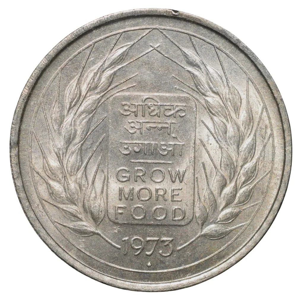Copper-Nickel 50 Paise of Repulic India - Grow More Food (AD 1973) of Bombay Mint UNC Grade