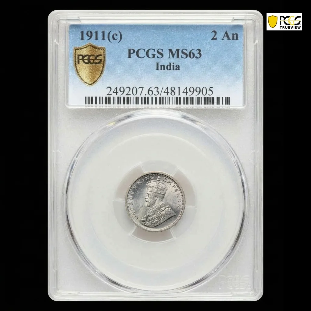 Extremely Rare 2 Anna 1911 PCGS MS63 High Graded Coin Famous Pig Variety Coin Super Hard to Find in this UNC Grade